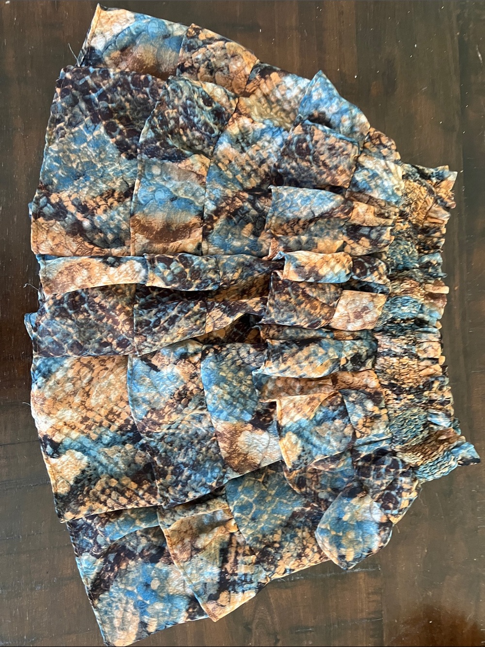 Vintage Olivaceous Blue and Brown Snake-Print Tiered Skirt